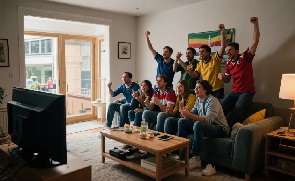 球迷在客厅用电视免费看世界杯，沉浸式氛围