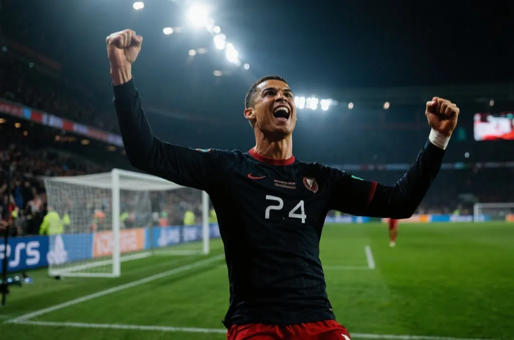 球星在比赛中庆祝关键进球,情绪激昂