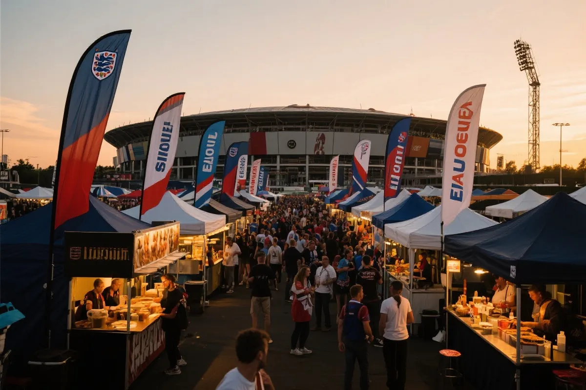 球场外球迷区与美食摊位，人群与旗帜的热烈氛围